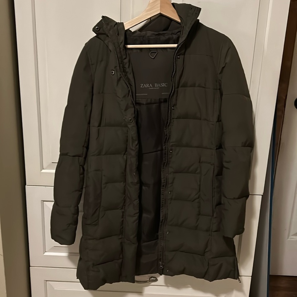 Olive green Zara basic down jacket size small. Nice condition